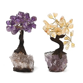 Natural Gemstone Chips Tree Sculpture, Amethyst Cluster Base Copper Wire Feng Shui Energy Stone Gift for Home Desktop Decoration