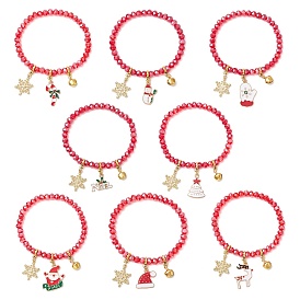 8Pcs Christmas Theme Glass Beaded Stretch Bracelets, Alloy Enamel Charm Bracelets, Snowflake/Santa Claus/Christmas Tree/Glove/Elk/Candy Cane