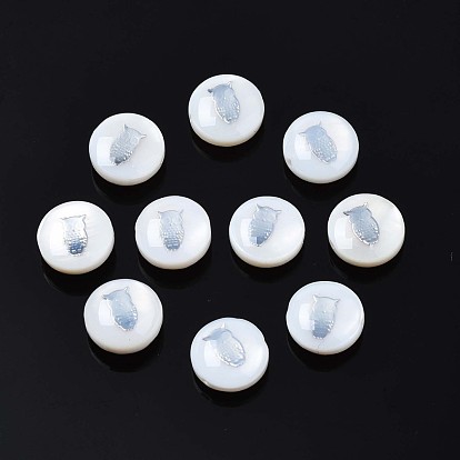 Natural Freshwater Shell Beads, with Brass Metal Embellishments, Flat Round with Owl