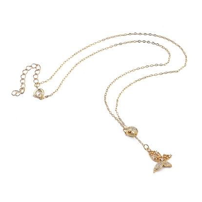 Brass Micro Pave Clear Cubic Zirconia Lariat Necklaces, with Spring Ring Clasps, Butterfly