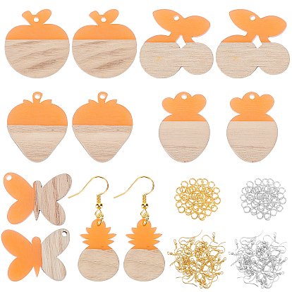 Kits de fabrication de boucles d'oreilles bricolage, 12 pcs 6 pendentifs en résine et bois de style, fraise & ananas & papillon & pomme & radis & cerise, 3.87 g 2 anneaux en laiton de style et 40 pcs 2 crochets de boucle d'oreille en laiton de couleurs