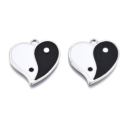 Pendentifs en émail en alliage écologique, sans cadmium et sans plomb et sans nickel, coeur avec yin yang, platine