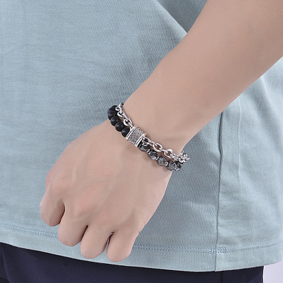 Stylish Dual-Layer Stainless Steel Bracelet with Natural Matte Stone and Black Magnetic Clasp for Men
