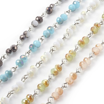 Handmade Electroplate Glass Beaded Chains, Unwelded, with Iron Eye Pin, Rondelle