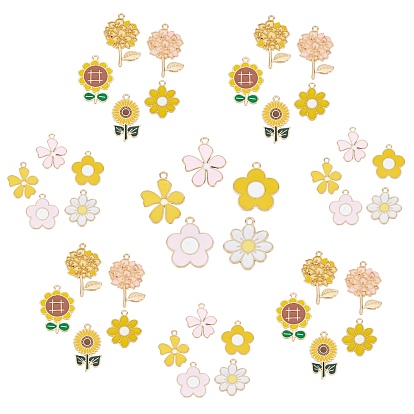 40Pcs 10 Styles Light Gold Plated Alloy Enamel Pendants, Flower