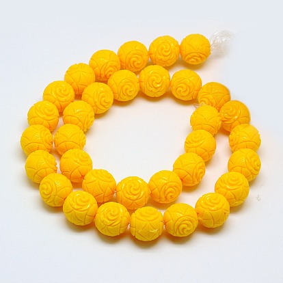 Synthetic Coral Beads Strands, Dyed, Round Beads Carved Flower Rose