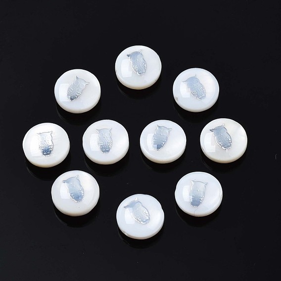 Natural Freshwater Shell Beads, with Brass Metal Embellishments, Flat Round with Owl