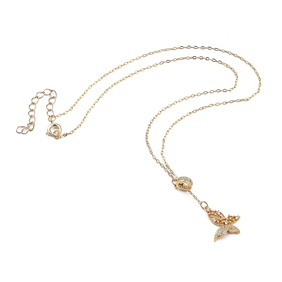 Brass Micro Pave Clear Cubic Zirconia Lariat Necklaces, with Spring Ring Clasps, Butterfly