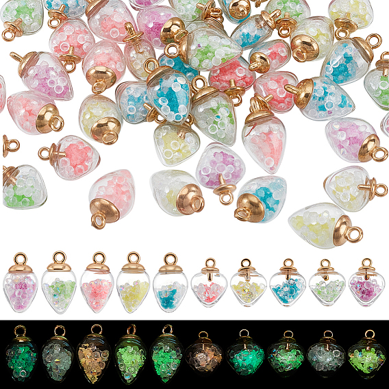 80шт. 10 стили светящийся стеклянный подвесной светильник, с позолоченной сплавочной фурнитурой, светящиеся в темноте чары, подвеска в виде капли и сердечка