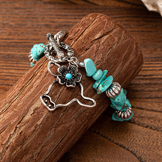 Браслеты с подвесками из ретро-сплава и синтетической бирюзы, стрейч браслеты, бык и цветок