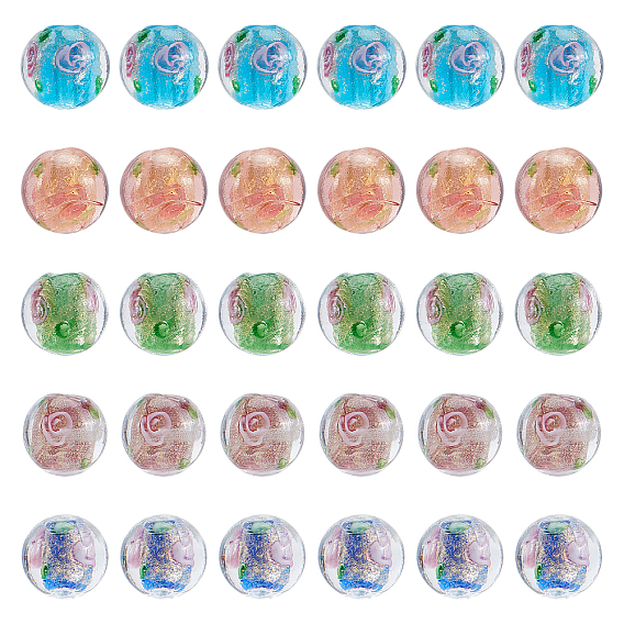 30Pcs 5 Color Handmade Inner Flower Gold Sand Lampwork Round Bead Strands