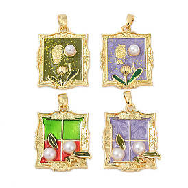 Латунь эмаль подвески, с имитацией жемчуга, прямоугольник с подвесками в виде листьев, стойки покрытие, прочное покрытие, без кадмия и без свинца