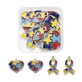 8Pcs 2 Style Enamel Alloy Pendants, Ribbon & Heart, with Puzzle Autism Symbol, Colorful