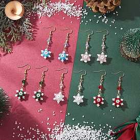 Glass Seed Beads Dnagle Earrings, Snowflake, Golden