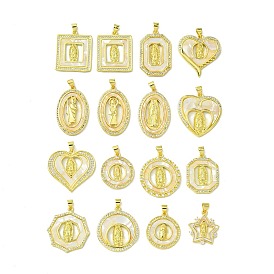 Real 18K Gold Plated Brass Micro Pave Clear Cubic Zirconia Pendants, with Shell