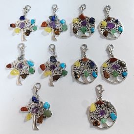 10 piezas 2 estilos decoraciones colgantes de aleación de estilo tibetano, con chips de piedras preciosas mixtas de chakras naturales, plano y redondo con el árbol de la vida