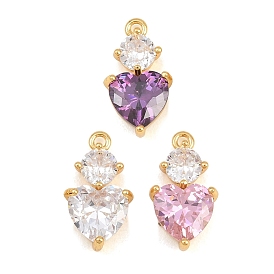 Brass Pave Cubic Zirconia Pendants, Heart with Round Charms, Real 18K Gold Plated