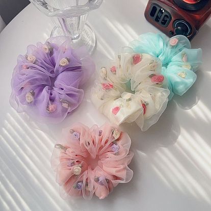 Floral Double-layer Ponytail Holder for Girls with Chiffon Large Intestine Hair Accessories.