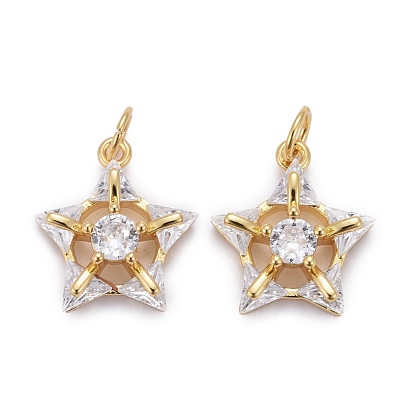 Brass Micro Pave Clear Cubic Zirconia Pendants, Long-Lasting Plated, with Jump Rings, Star