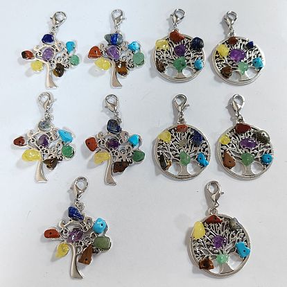 10 piezas 2 estilos decoraciones colgantes de aleación de estilo tibetano, con chips de piedras preciosas mixtas de chakras naturales, plano y redondo con el árbol de la vida