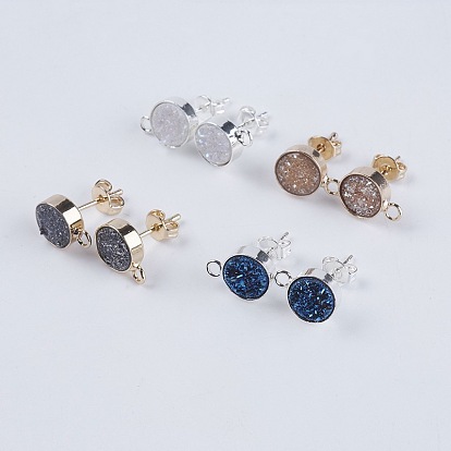 Brass Stud Earring Findings, with Loop and Natural Druzy Agate, Flat Round