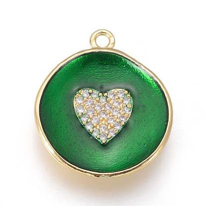 Golden Plated Brass Micro Pave Cubic Zirconia Pendants, with Enamel, Long-Lasting Plated, Flat Round with Heart