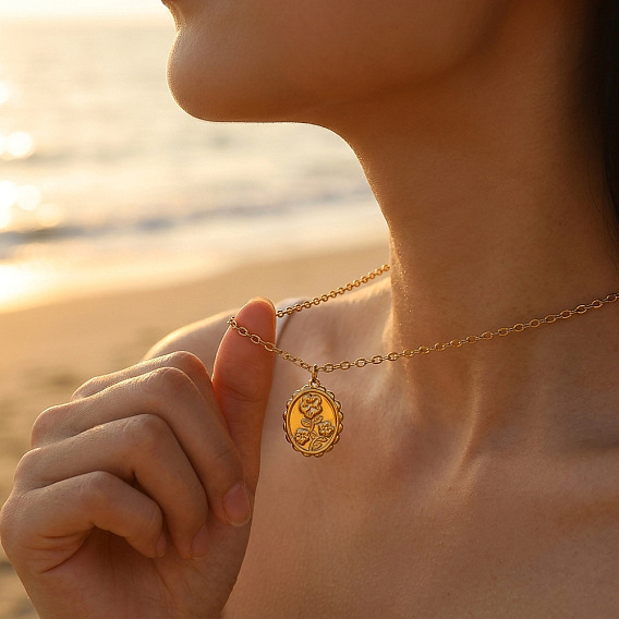 304 Stainless Steel Embossed Flower Oval Pendant Necklaces for Women