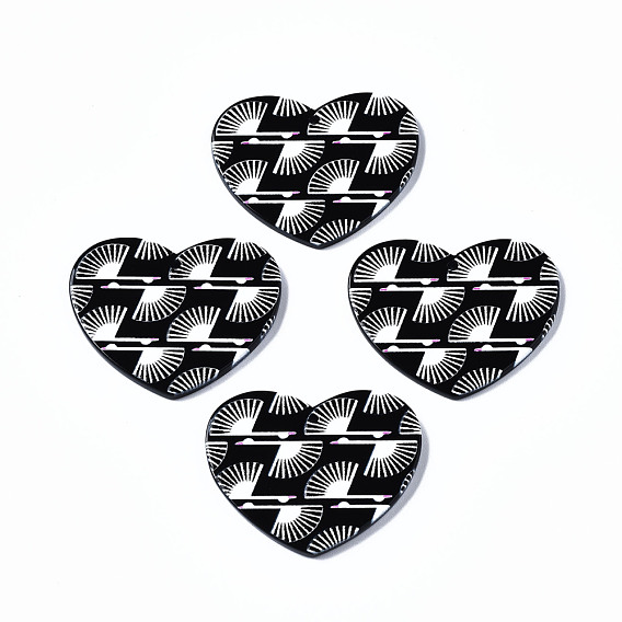 3D Printed Acrylic Pendants, Black and White, Heart with Fan Pattern