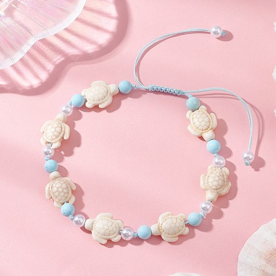 Регулируемые браслеты на лодыжку с подвеской в виде морской черепахи, выполненные из синтетической бирюзы, окрашенного натурального говлита и искусственного жемчуга, для женщин., Небесно-голубой