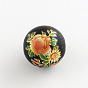 Flower Picture Frosted Glass Round Beads, with Gold Metal Enlaced, 14x13mm, Hole: 1.5mm