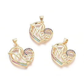 Brass Micro Pave Cubic Zirconia Pendants, Cadmium Free & Lead Free, Heart with Word MOM, For Mother's Day, Colorful