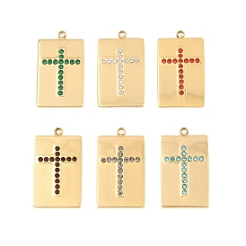 304 Stainless Steel Rhinestone Pendants, Rectangle with Cross Pattern Charms, Ion Plating(IP), Real 18K Gold Plated