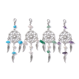 Woven Web/Net with Wing Alloy Pendant Decorations, with Gemstone Chips and Alloy Lobster Claw Clasps