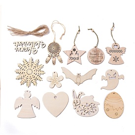 Natural Wood Pendant Decorations, with Cord, for Party Home Decoration, Mixed Shapes