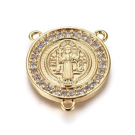 Brass Cubic Zirconia Chandelier Component Links, 3 Loop Connectors, Religion, Flat Round with Saint Benedict, Clear