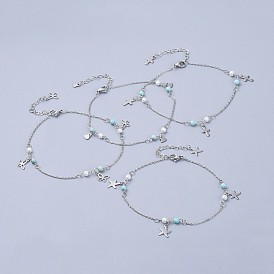 304 inoxydable anklets de charme en acier, avec perles de turquoise synthétiques et perle de verre, formes mixtes