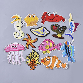 Компьютеризированная вышивка тканью утюжок на / шить на заплатках, аппликация, морской конек, ракушка, краб, спираль, морская трава, рыба, морская звезда, морские звезды, акула, медуза
