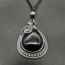 Natural Obsidian Pendants Necklaces for Women Men, Teardrop