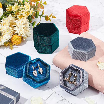 Nbeads 4Pcs 4 Colors Velvet Jewelry Box, with Linen and PU Leather, for Ring & Necklace Box, Hexagon