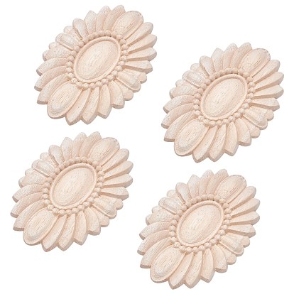 Natural Solid Rubber Wood Carved Onlay Applique Craft, Unpainted Onlay Furniture Home Decoration, Flower
