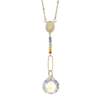 7 Attrape-soleil suspendus en verre chakra et laiton, pavés de micro-oxydes de zirconium cubique, Décoration de fenêtre prismatique colorée pour la maison et le jardin, larme et ovale avec la Vierge Marie