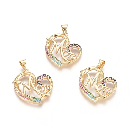 Brass Micro Pave Cubic Zirconia Pendants, Cadmium Free & Lead Free, Heart with Word MOM, For Mother's Day, Colorful
