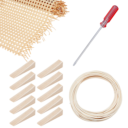 Reparaturset für Rattanmöbel, PE-Kunststoffimitat, gewebtes Rattannetzmaterial, natürliches Rattan-Geflechtband, Dreieckige Holzkeile für Stuhlflechtmaterialien, Stahlschraubendreher