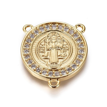 Brass Cubic Zirconia Chandelier Component Links, 3 Loop Connectors, Religion, Flat Round with Saint Benedict, Clear