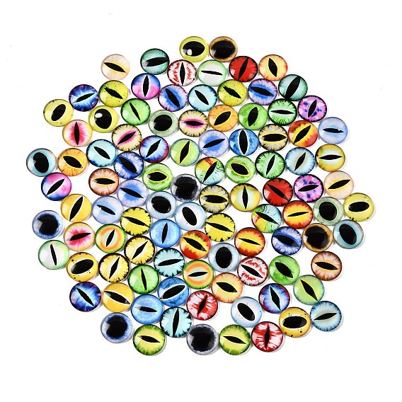 Printed Transparent Glass Cabochons, Half Round with Eye Pattern