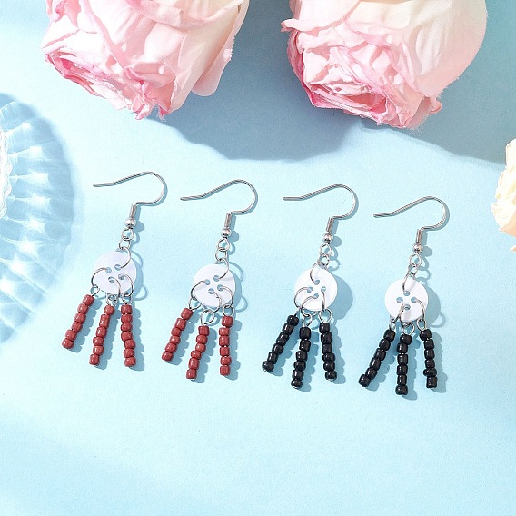 Плоские круглые висячие серьги из стеклянных семян, с пластиковыми кнопками, 304 нержавеющей стали серьги крюков, платина