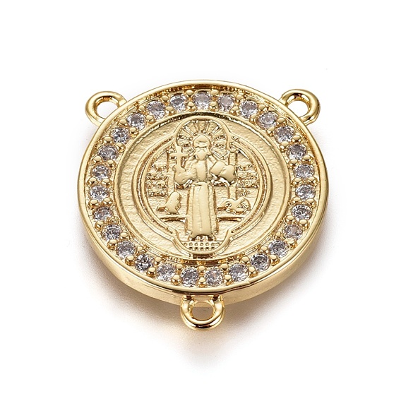 Brass Cubic Zirconia Chandelier Component Links, 3 Loop Connectors, Religion, Flat Round with Saint Benedict, Clear