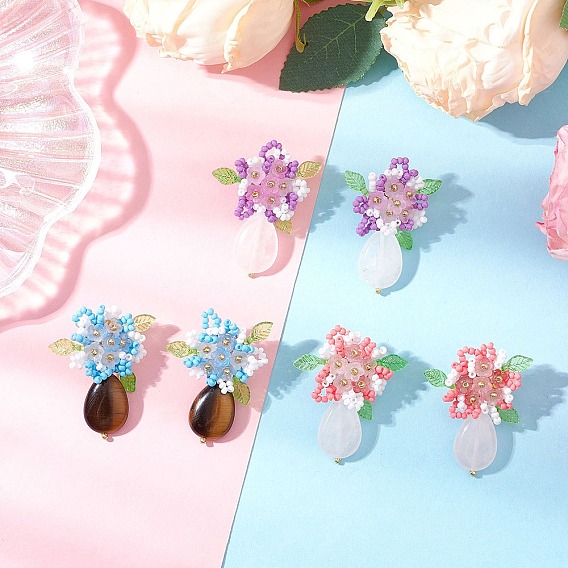 Flower Handmade Glass Seed Beads Stud Earrings, with Natural Tiger Eye & Natural Quartz Crystal & Natural Rose Quartz, Platinum