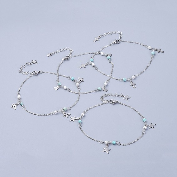 304 Stainless Steel Charm Anklets, with Synthetic Turquoise Beads and Glass Pearl, Mixed Shapes