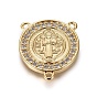 Brass Cubic Zirconia Chandelier Component Links, 3 Loop Connectors, Religion, Flat Round with Saint Benedict, Clear